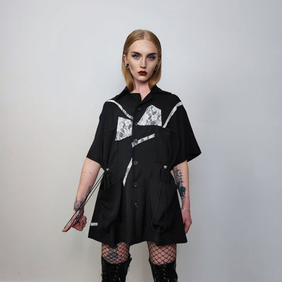 Cargo pocket shirt dress short sleeve geometric crotchet top mesh blouse oversize beam gothic top bondage sweatshirt utility jumper in black