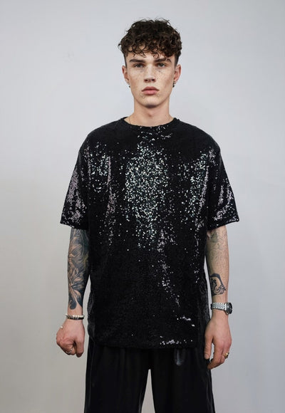 Black sequin t-shirt glitter top sparkle geometric jumper