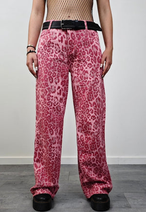 Pink leopard trousers animal print pants loose cheetah pants