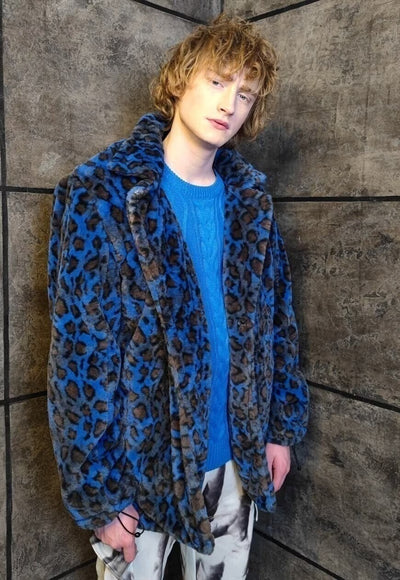 Leopard fleece coat handmade 2in1 tie-dye trench jacket blue