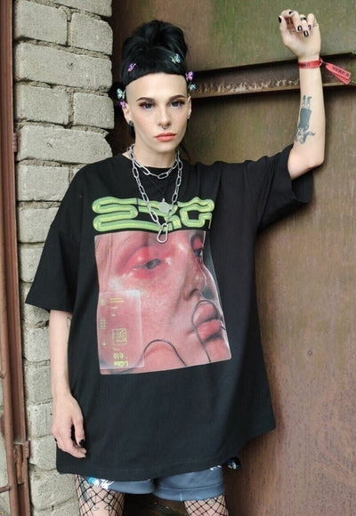 Raver t-shirt Cyber print trippy top grunge tee in black