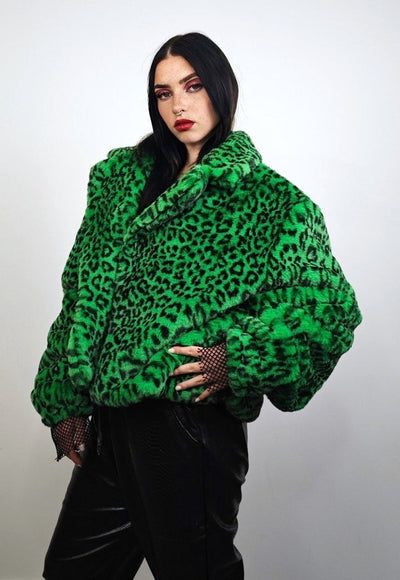 Short leopard trench coat green cropped animal print jacket