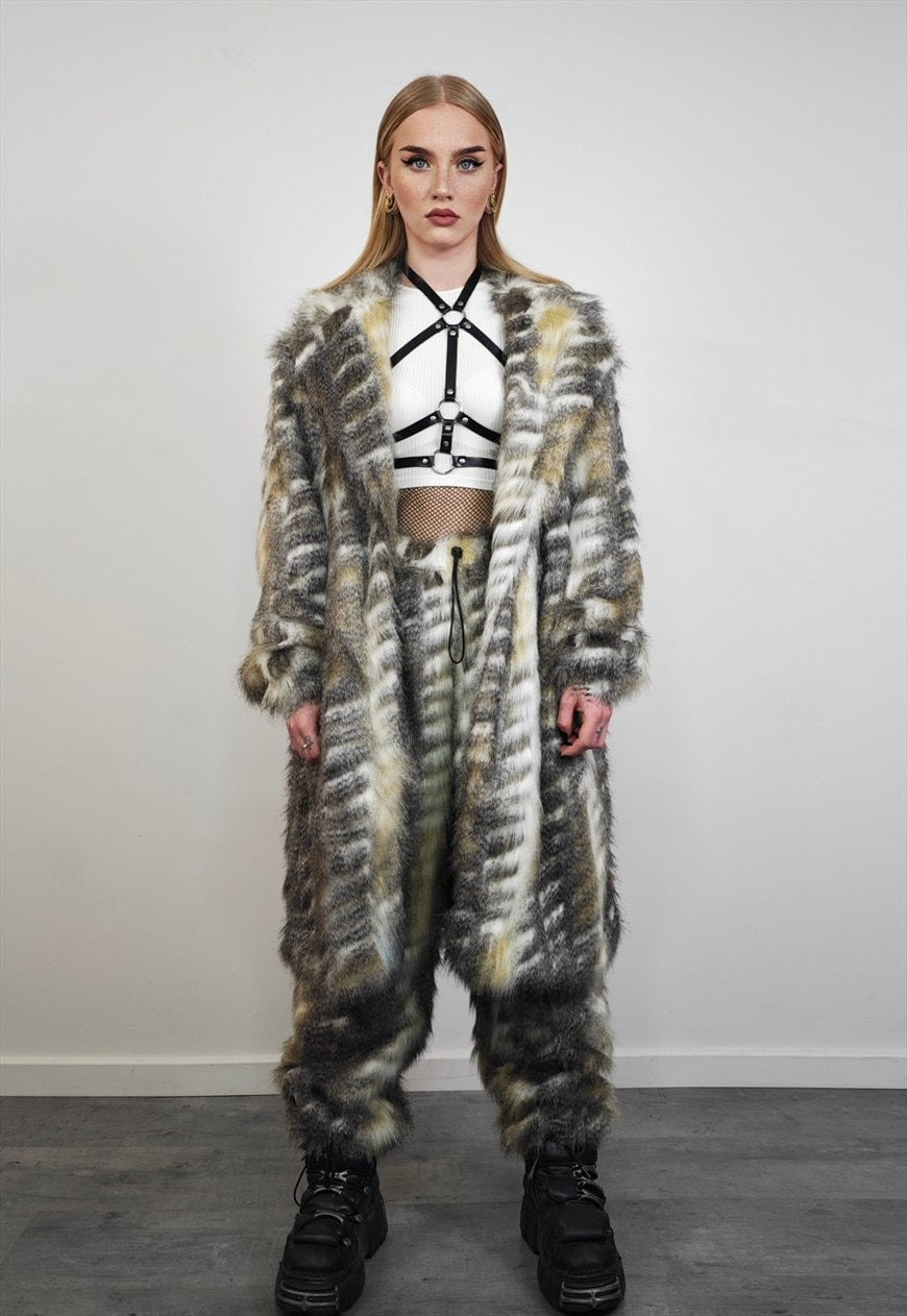 Lynx joggers faux fur pants animal print fuzzy trouser brown