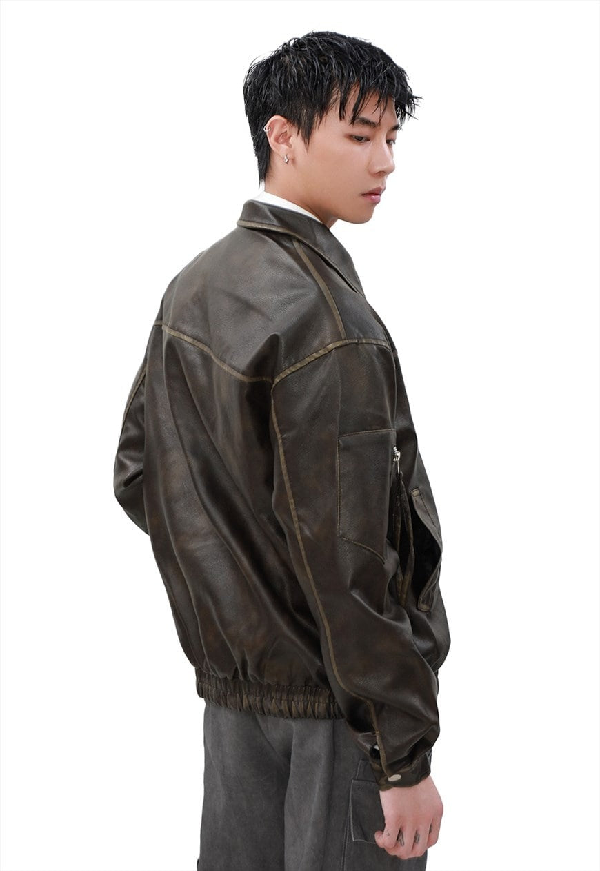 Faux leather aviator jacket brown vintage wash varsity