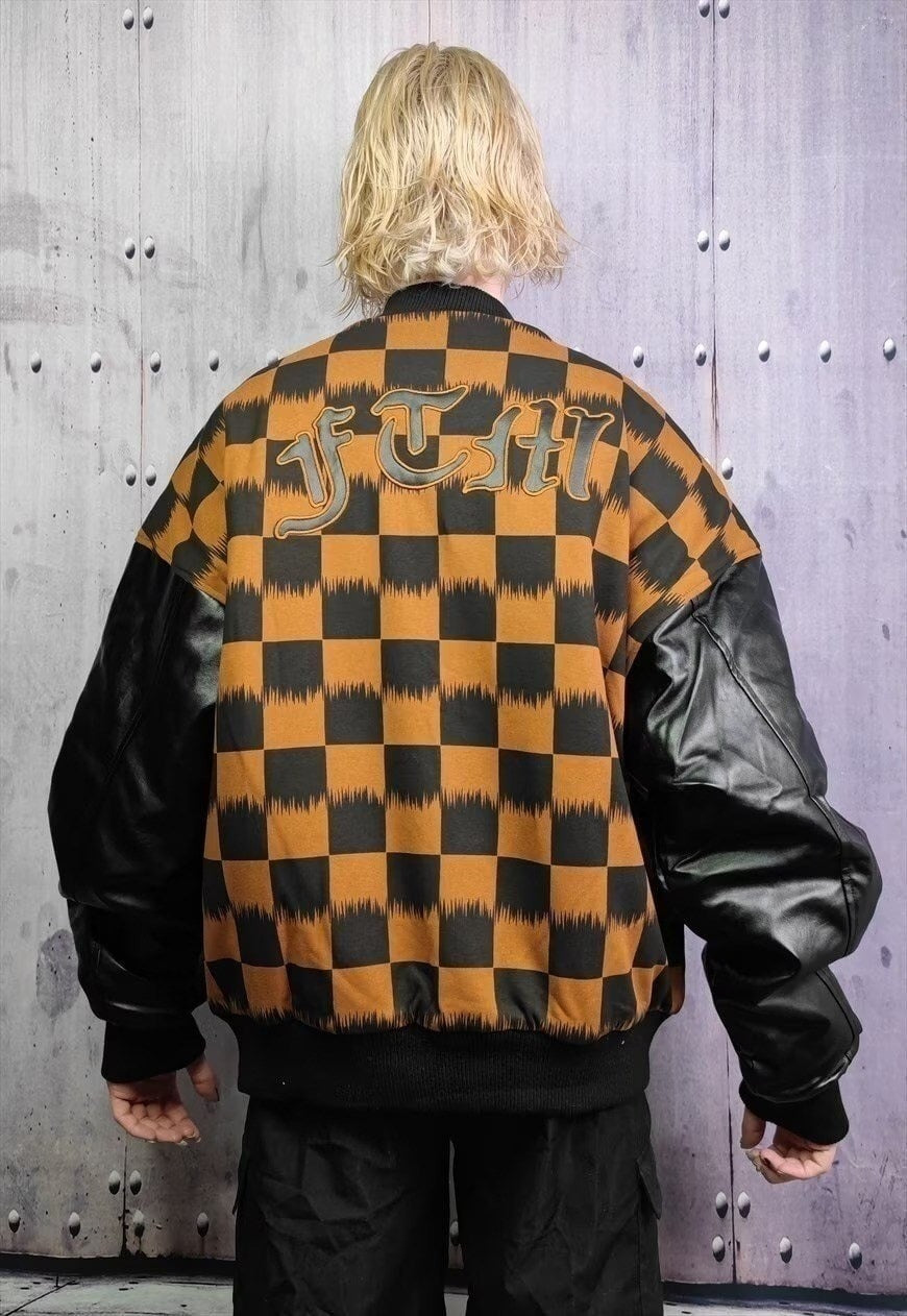 Drop shoulder varsity jacket faux leather check jacket brown