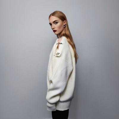 Utility sweater buckle finish jumper gorpcore top cut out shoulder top metal badge knitted pullover cyber punk sweatshirt in off white