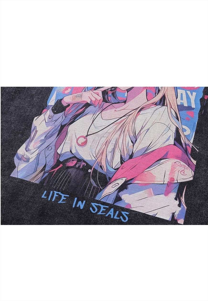 Anime print t-shirt Japanese tee retro top grey