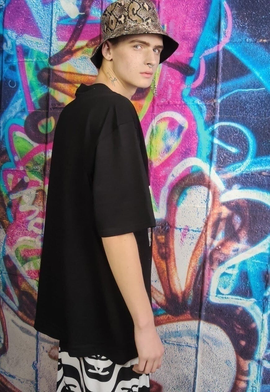 Alien print tee party Robot t-shirt transformer top in black