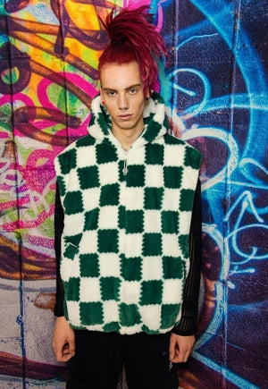 Check fleece hood jacket handmade fluffy chess bomber green