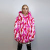 Hooded faux fur striped jacket zebra bomber neon raver coat fluffy tie-dye fleece festival puffer burning man going out overcoat red pink