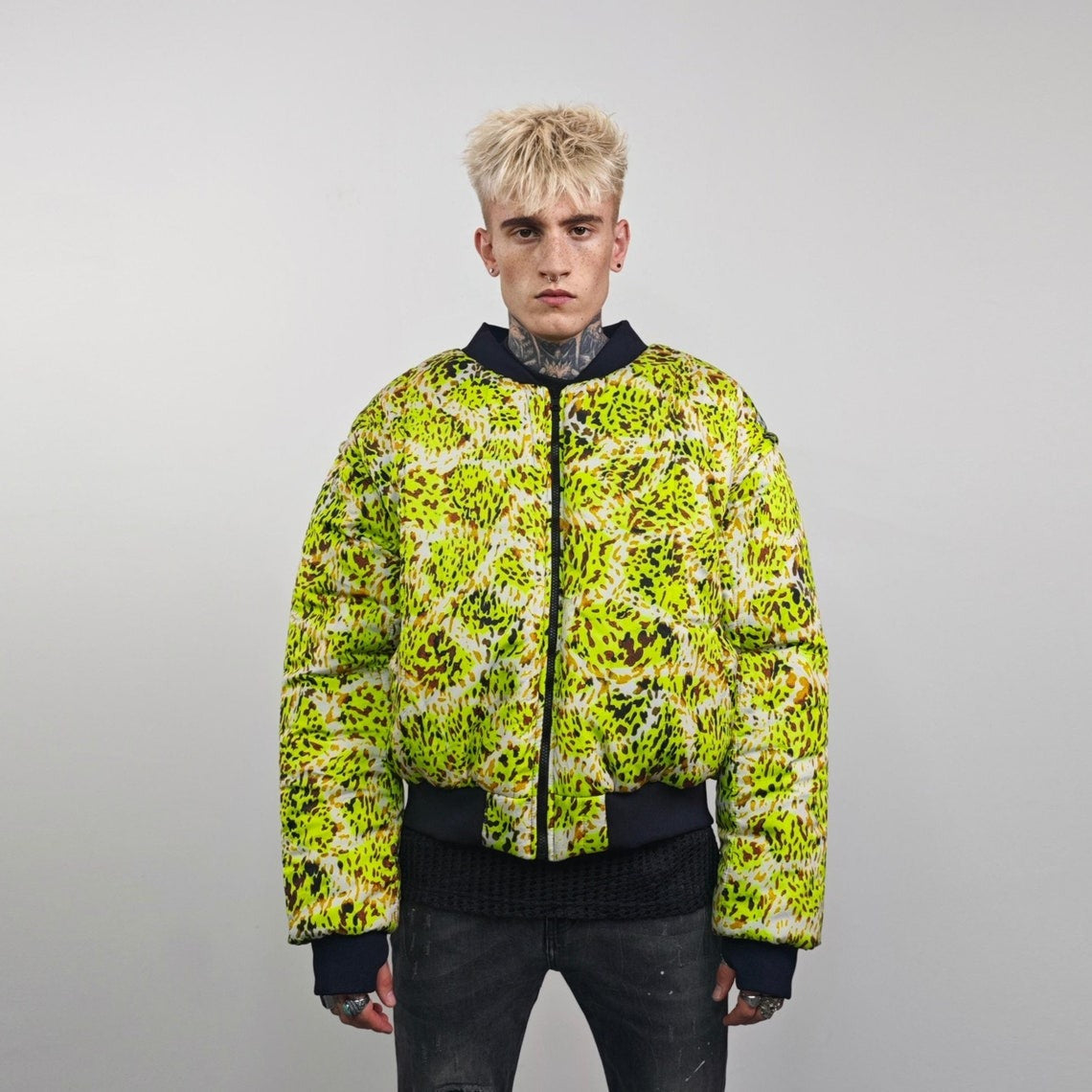 Neon leopard bomber animal print jacket fluorescent reversible college varsity detachable sleeves handmade rave puffer cyber festival coat