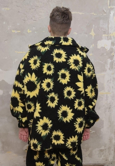 Sunflower fleece jacket handmade daisy floral faux fur coat