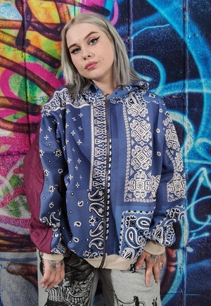 Paisley hoodie retro floral stitched bandana pullover blue