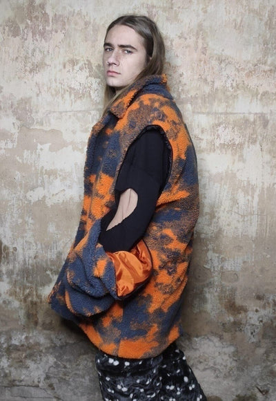 Camo fleece jacket handmade 2in1 abstract trench coat orange