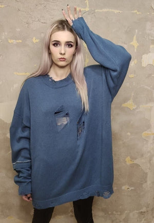 Asymmetric ripped sweater knitted distress jumper in blue