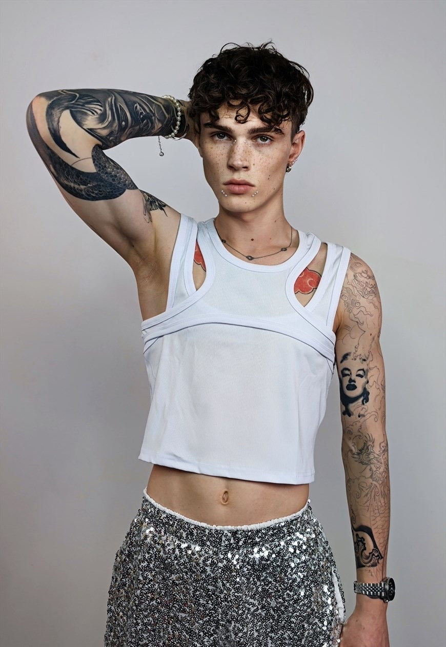 Cropped tank top elastic double layer short raver vest black