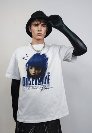 Blue hair t-shirt anime print tee grunge Japanese top grey