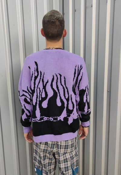 Flame sweater fire jumper in purple grunge burning top