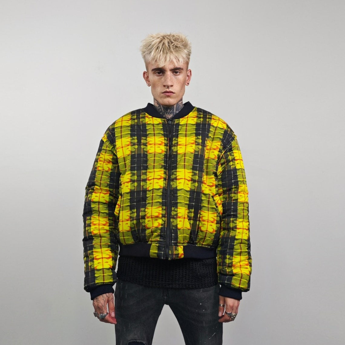 Flame bomber check yellow jacket thunder print reversible college varsity detachable sleeves handmade clueless plaid puffer grunge rock coat