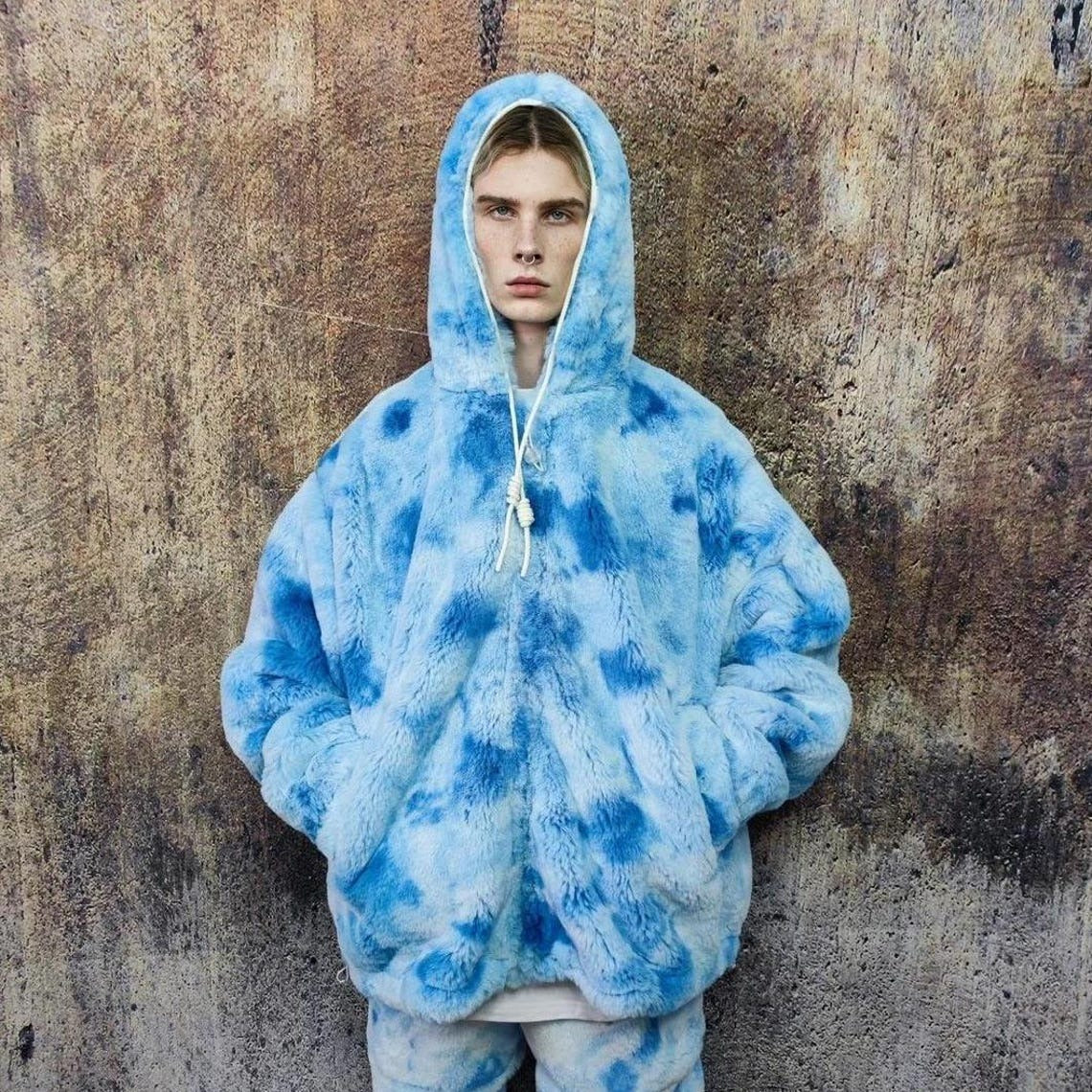 Blue tie-dye fleece jacket hooded gradient bomber luxury fluffy rave coat detachable sleeves handmade abstract overcoat fuzzy festival set
