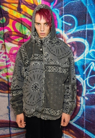 Paisley fleece hooded jacket handmade bandanna fluffy bomber