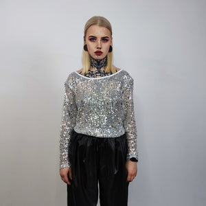 Transparent sequin top silver embellished mesh sweatshirt sheer blouse metallic catwalk jumper party see-through top festival glitter tee