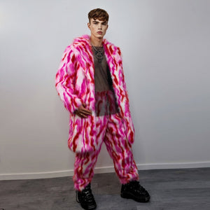 Faux fur long striped coat zebra trench neon raver bomber fluffy tie-dye winter fleece festival jacket burning man going out coat red pink