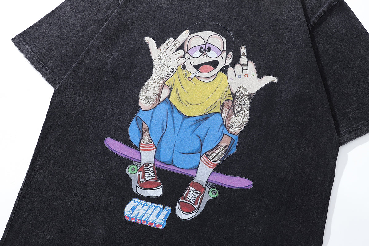 Middle finger t-shirt tattoo boy tee y2k Japanese cartoon top in vintage grey