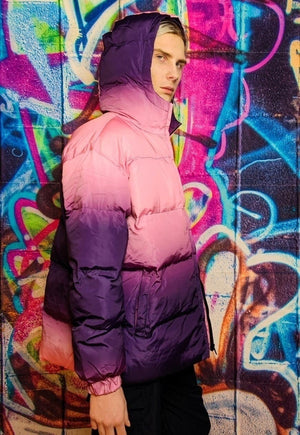 Tie-dye bomber gradient puffer jacket in faded purple pink