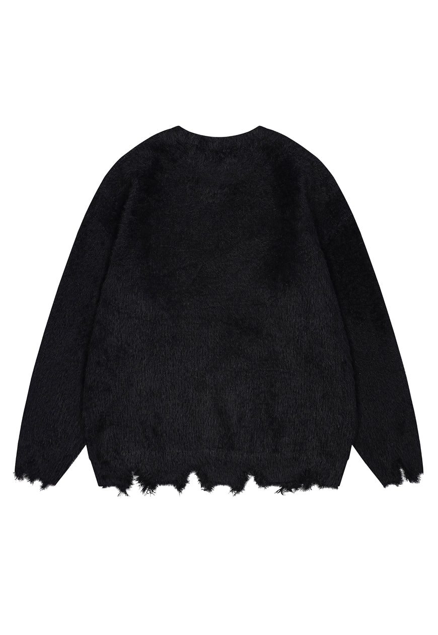 Fluffy distressed sweater stripe pattern hairy jumper black