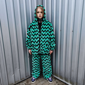 Festival stripe fleece joggers zebra pants handmade zigzag faux fur raver trousers premium party overalls in green black