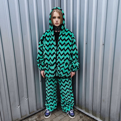 Festival stripe fleece joggers zebra pants handmade zigzag faux fur raver trousers premium party overalls in green black