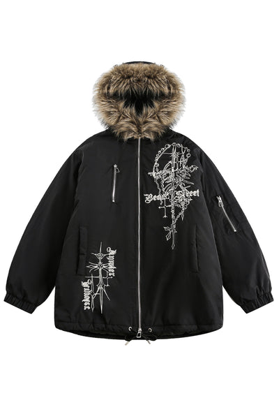 Gothic parka jacket faux fur collar embroirdered punk bomber