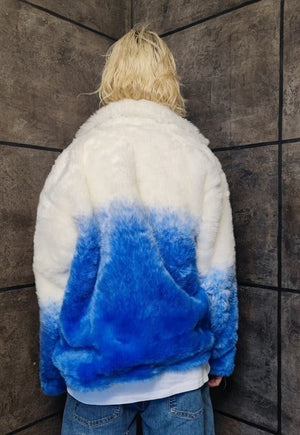 Gradient fleece jacket faux fur tie-dye print bomber in blue