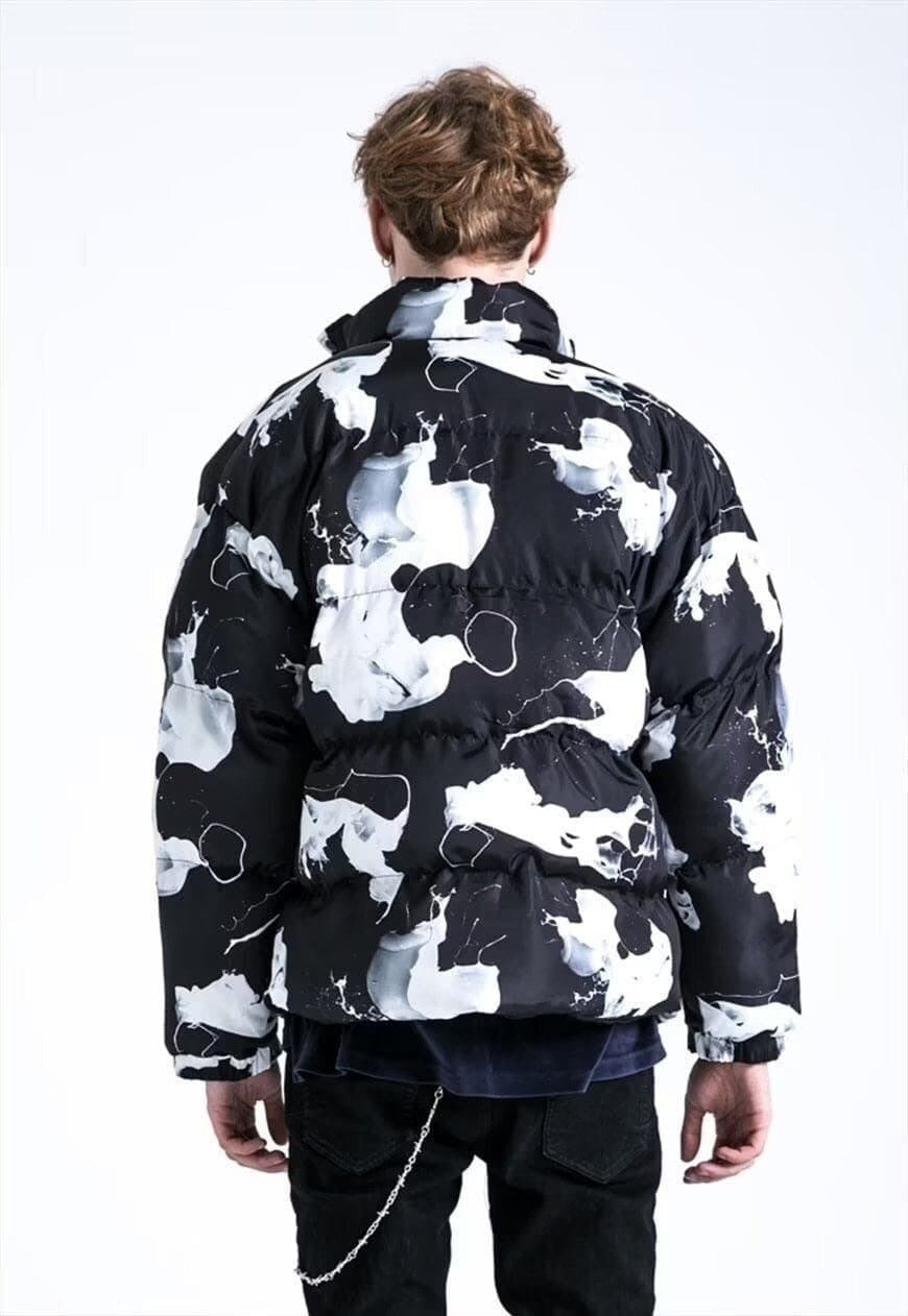 Paint splatter bomber Milk print cow puffer jacket in black