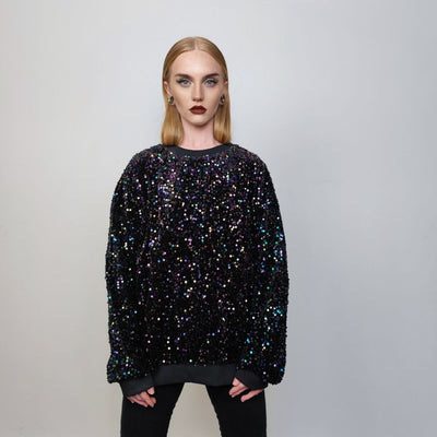 Sequin sweatshirt glitter top sparkle jumper party pullover glam rock long sleeve top embellished sweater in black purple