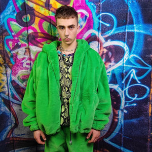 Green fleece jacket handmade detachable fluffy bomber fluorescent faux fur premium raver coat in bright neon techno green