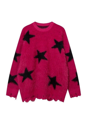 Fluffy sweater fuzzy jumper star print long hair top black