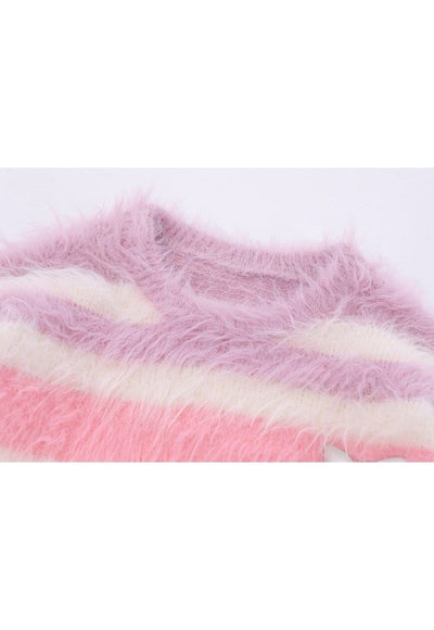 Striped sweater fluffy knitted jumper soft fleece in pink