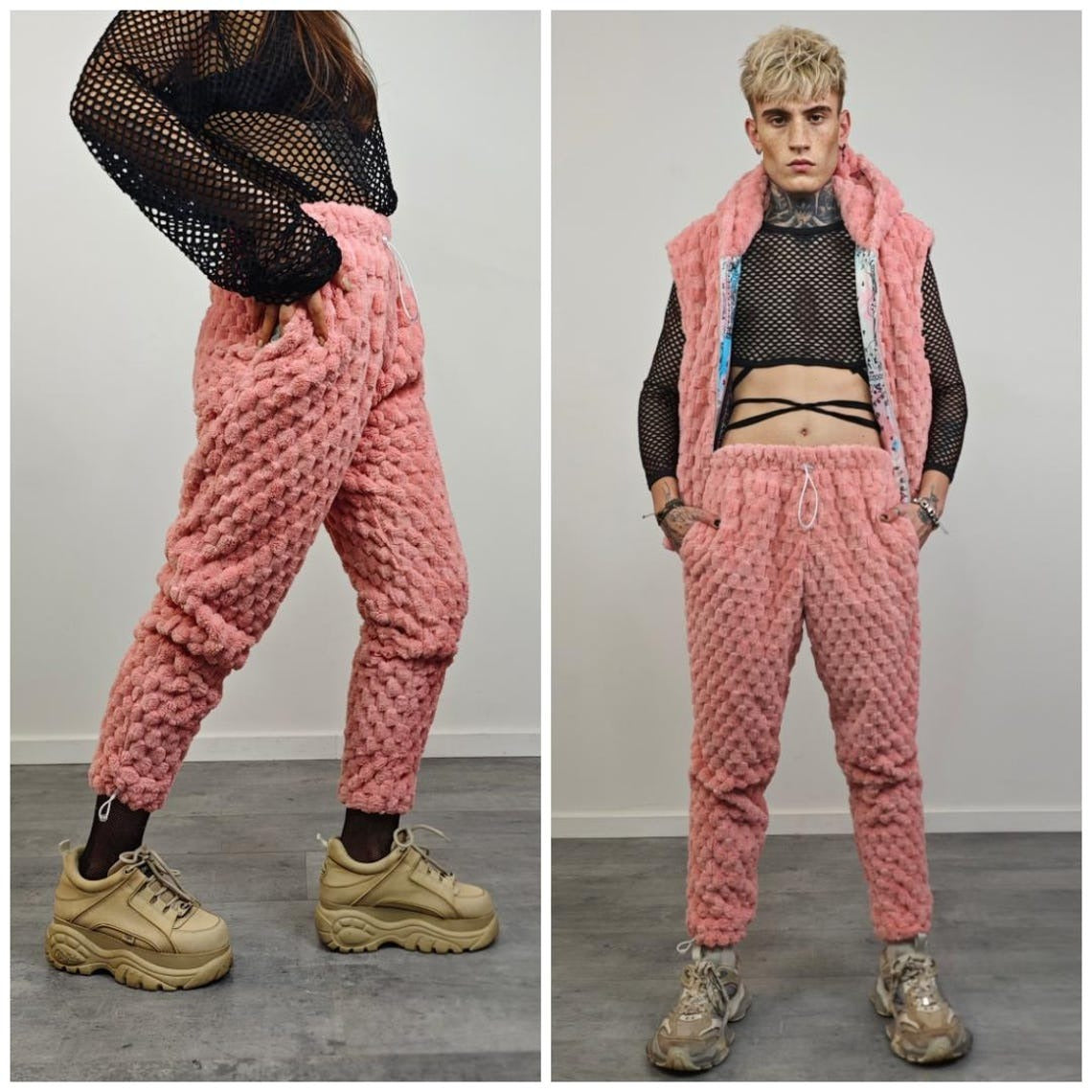 Pink fleece joggers fluffy pants cozy festival trousers retro geometric overalls raver outfit fuzzy jumpsuit burning man set