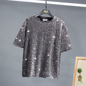 Red sequin embellished top luxury embroidered t-shirt geometric pattern tee shiny luminous going out fancy dress jumper party pullover