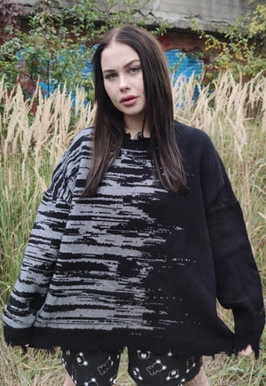 Ripped sweater contrast stitch stripe jumper in black grey