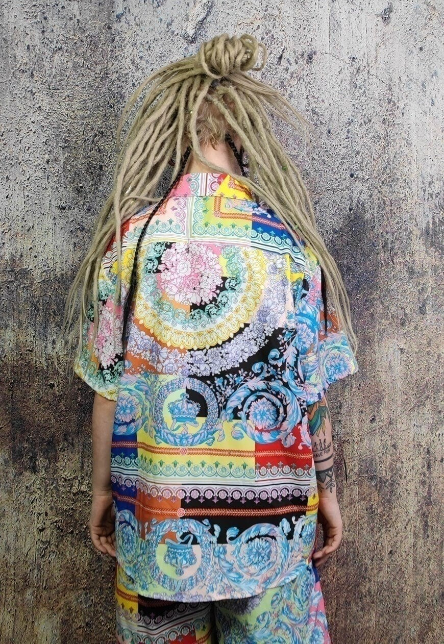 Fluorescent flower shirt rose print short sleeve top yellow