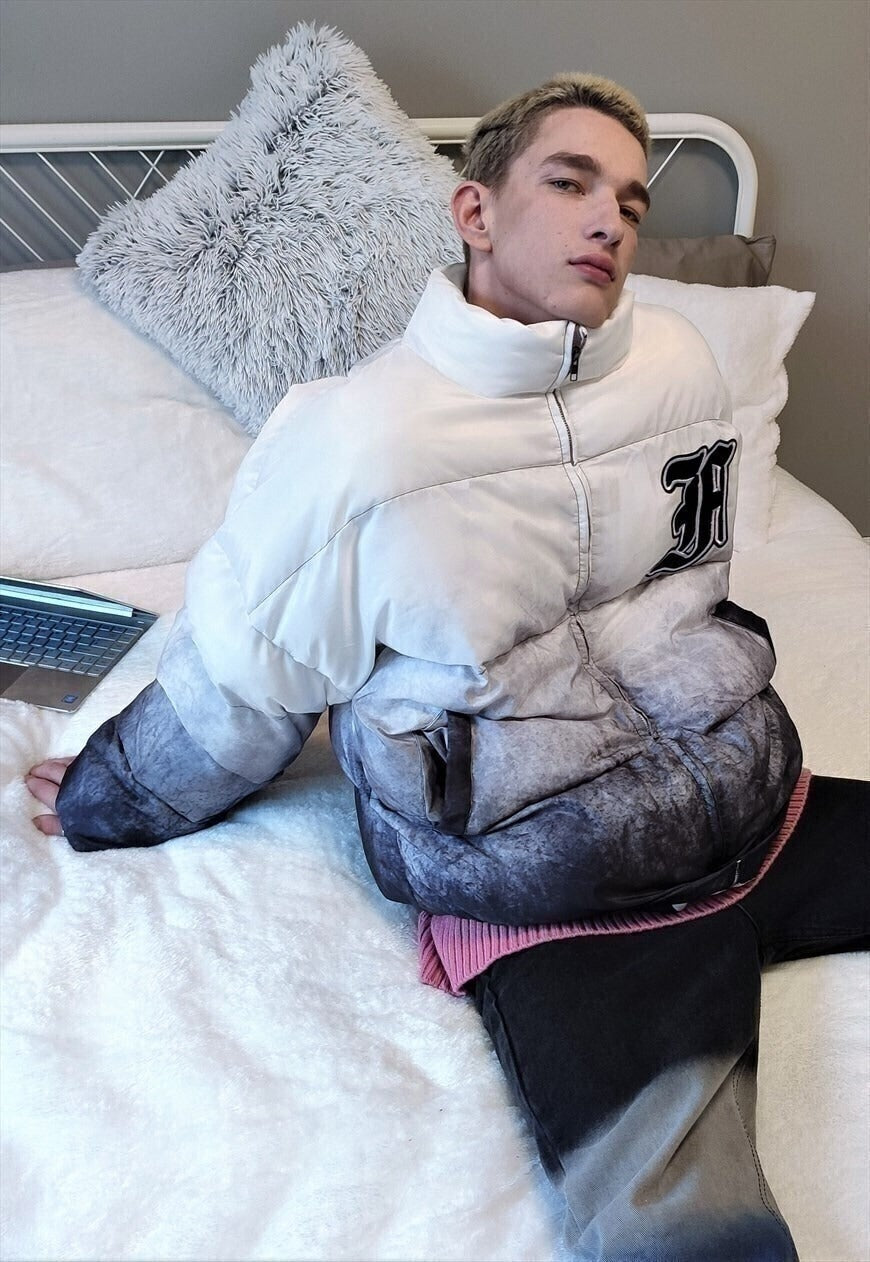 Gradient bomber jacket tie-dye patch varsity in blue white