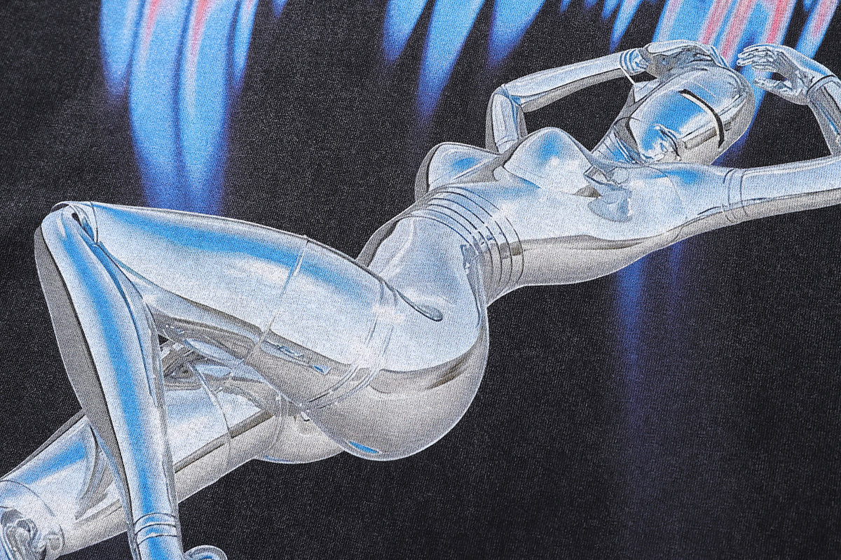 Cyberpunk t-shirt robot print tee psychedelic machine print top in vintage grey