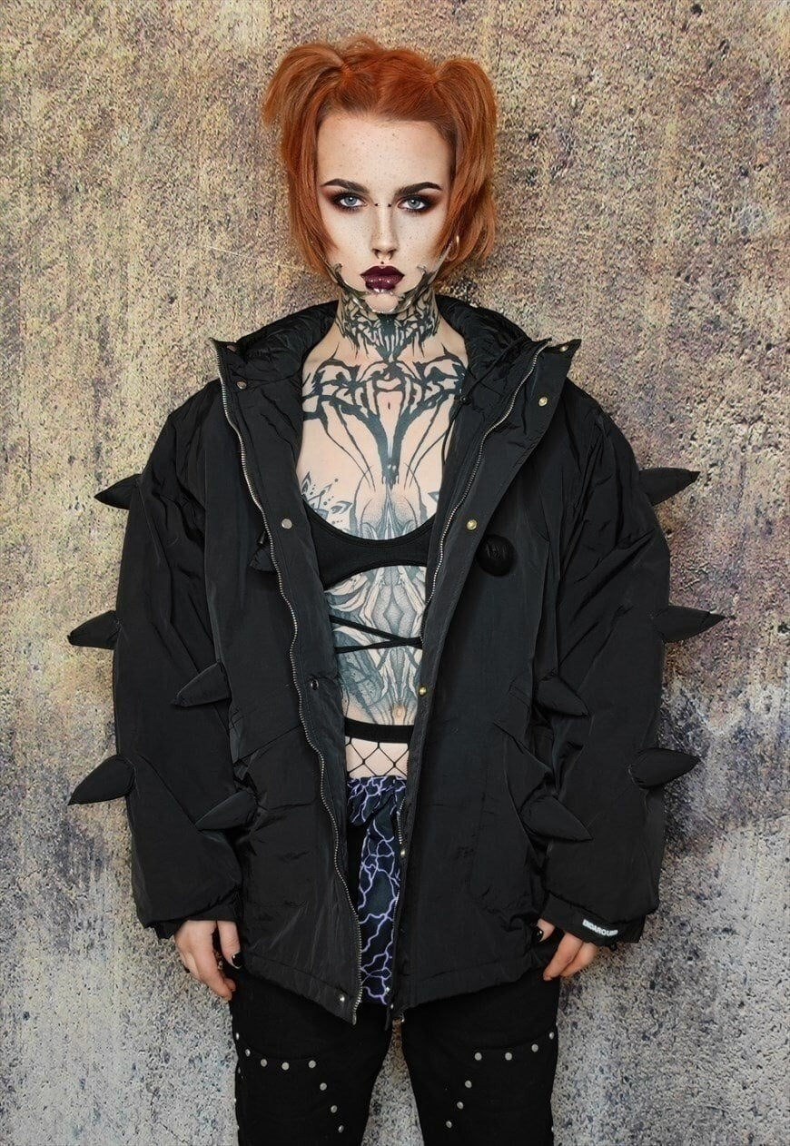 Spike bomber grunge jacket horn puffer punk coat in black
