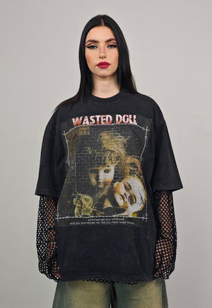 Doll slogan t-shirt creepy tee retro goth top vintage grey