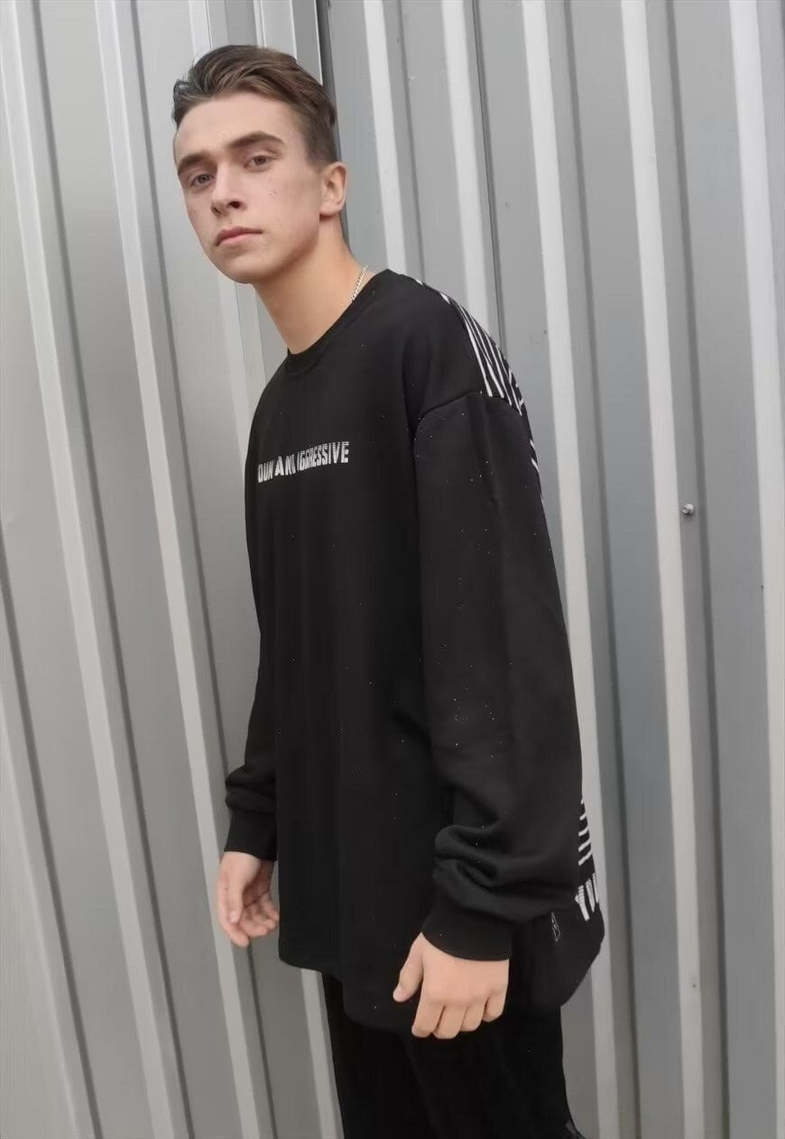 Stripe print sweatshirt rude slogan grunge thin top in black