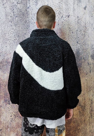 Contrast fleece jacket fluffy retro bomber in black cream