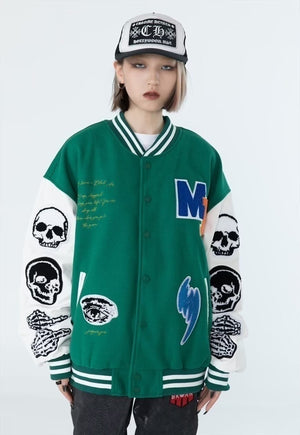 Skull varsity jacket PU leather skeleton MA-1 bomber black